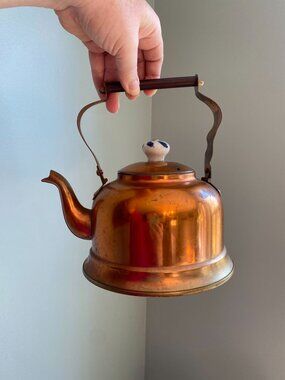 Vintage Copper Tea Kettle With Porcelain Knob & Wooden Handle Rustic Farmhouse D